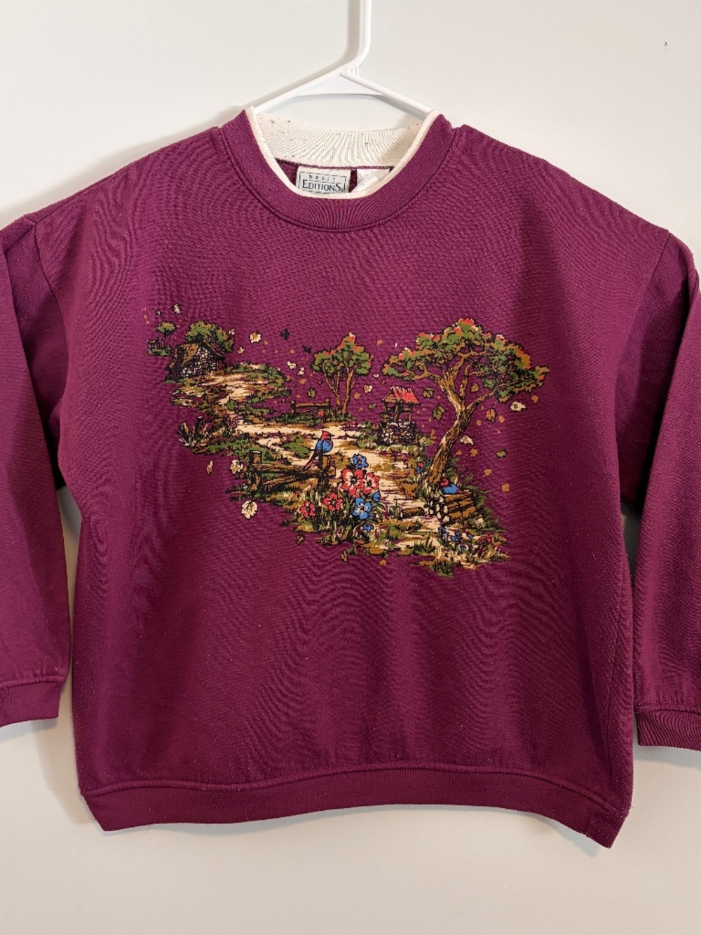 Vintage 90s Basic Editions Autumn Cottage Scene Sweatshirt Plum Purple Cottageco